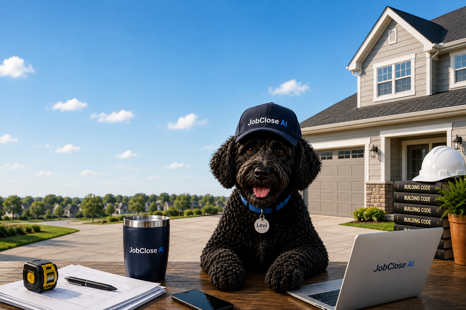Levi at a contractor's worktable with tumbler, plans, tape measure, phone, laptop, hard hat and building code books; bright blue sky and a home behind him.