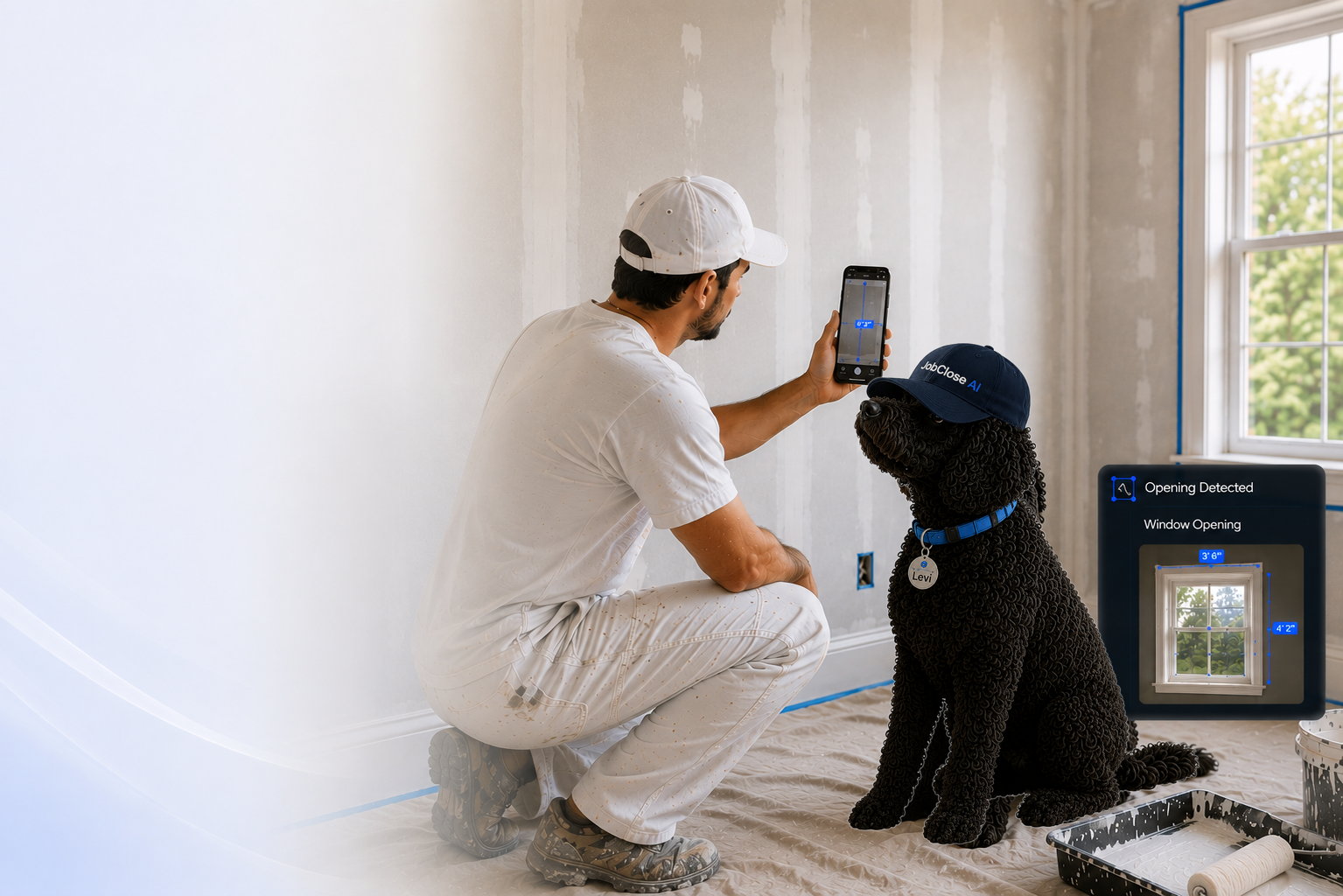 Painter estimating a wall with phone while Levi sits beside him.