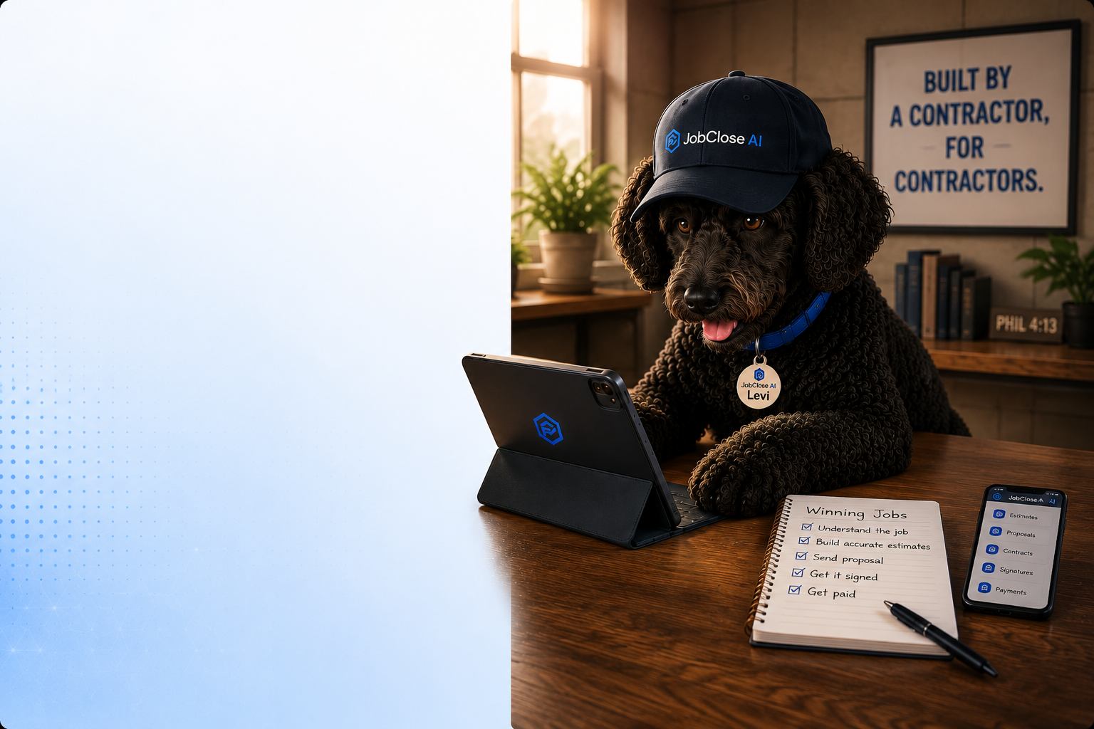 Levi at his office desk with tablet, Winning Jobs notebook, JobClose AI phone, BUILT BY A CONTRACTOR wall sign, and PHIL 4:13 detail behind him.